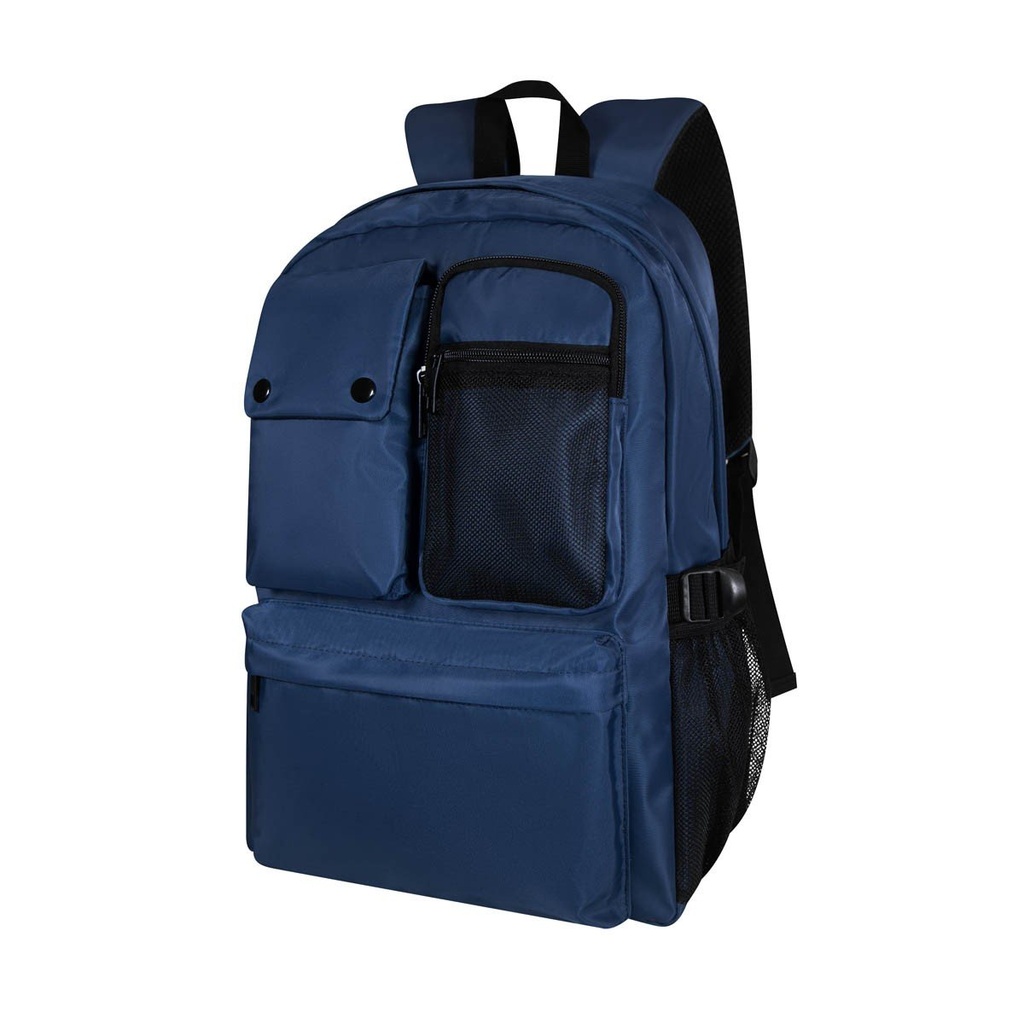 Mochila promocional de poliéster con tres bolsillos frontales y laterales de malla – BT-MOC-0042