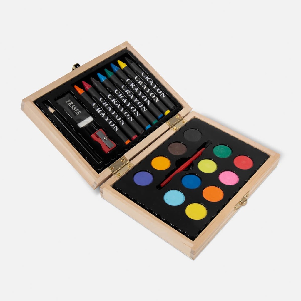Set de pintura y dibujo promocional de madera con acuarelas y crayones – BT-NIN-0038