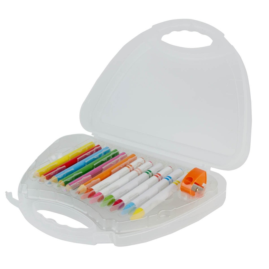 Estuche promocional de plástico para dibujo infantil 20 x 14.3 cm con crayones y colores – BT-NIN-0043
