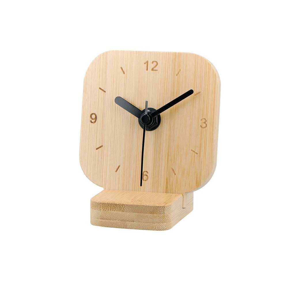 Reloj de escritorio promocional de bambú con base desmontable y manecillas silenciosas – BT-REL-0003
