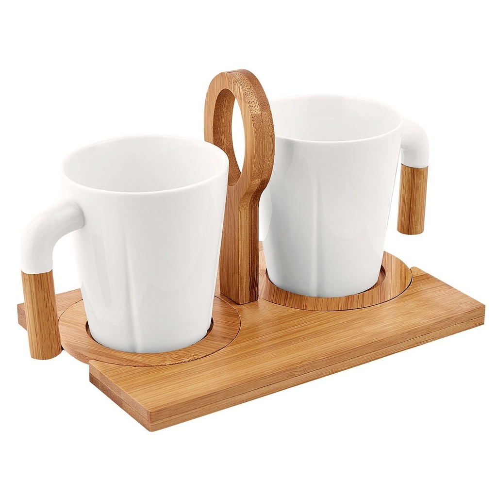 Juego de piezas promocional de cerámica 8 oz con asas de bambú y base organizadora – BT-TAZ-0013