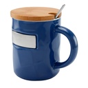 Taza promocional de cerámica 12 oz con tapa de bambú y placa metálica – BT-TAZ-0035
