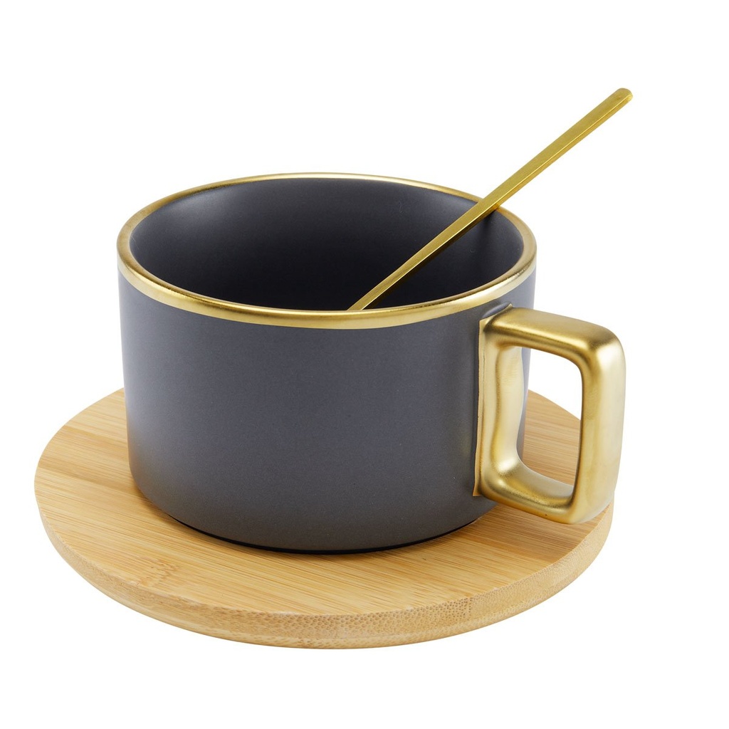 Taza promocional de cerámica 9 oz con base de bambú y detalle dorado – BT-TAZ-0037
