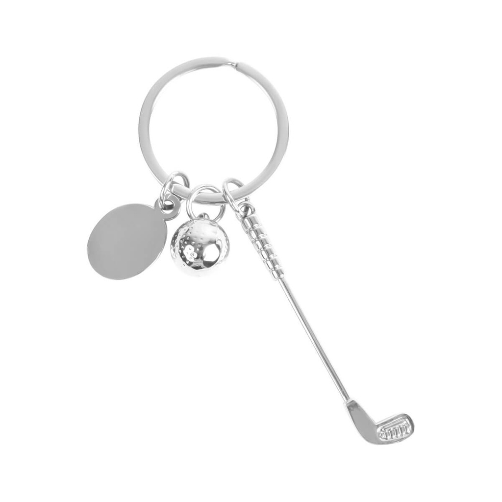 Llavero promocional de metal 3.5 x 10.5 cm con placa para grabado y dijes de golf – BT-LLM-0055