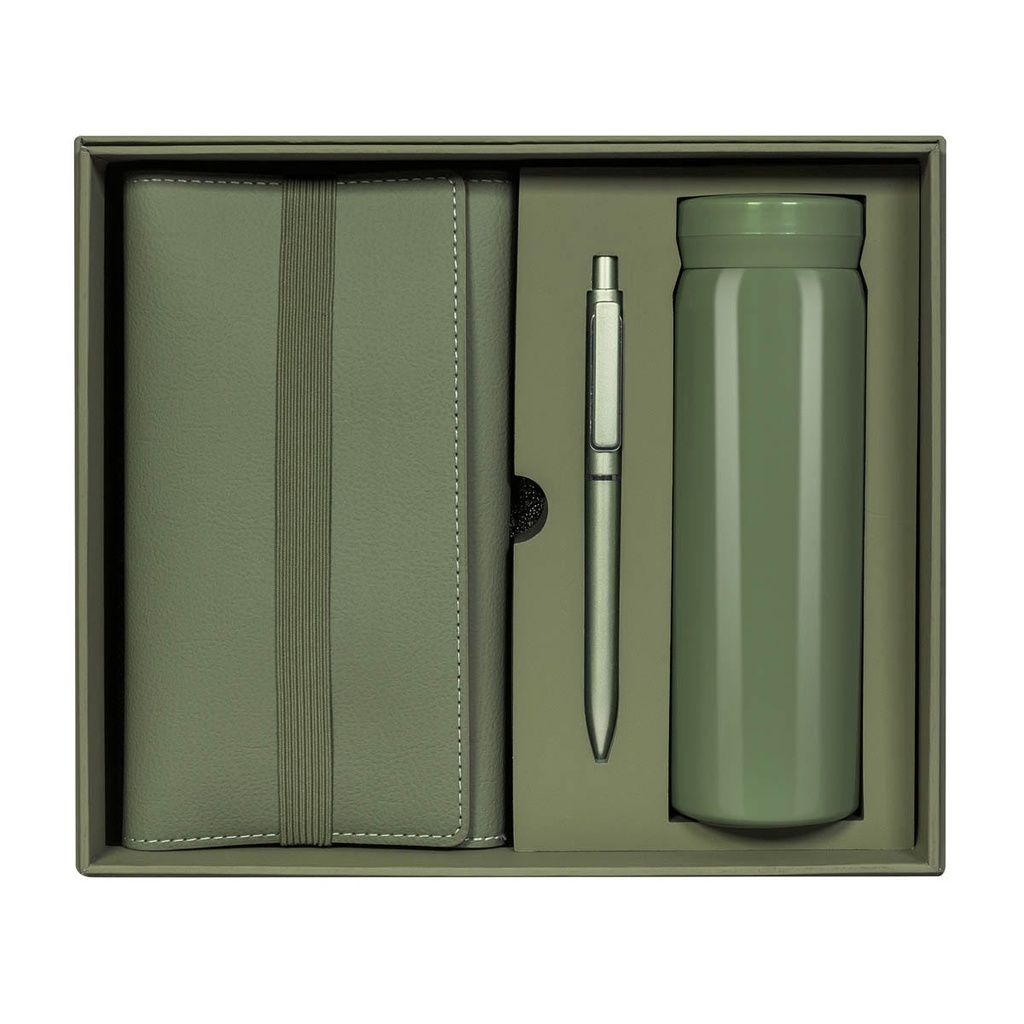 Set promocional de acero inoxidable y curpiel 300 ml con bolígrafo push y libreta con elástico – BT-ARO-0067