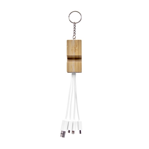 [BT-ACS-0021] Cable cargador promocional de bambú y metal con llavero y soporte para smartphone – BT-ACS-0021