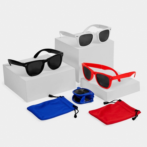 Gafas de sol promocionales de plástico con diseño abatible y bolsa con jareta – BT-ARV-0024