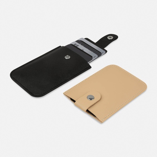 Porta tarjetas promocional de curpiel y PVC 7.5 x 12 cm con interior deslizable y broche de seguridad – BT-ARO-0038
