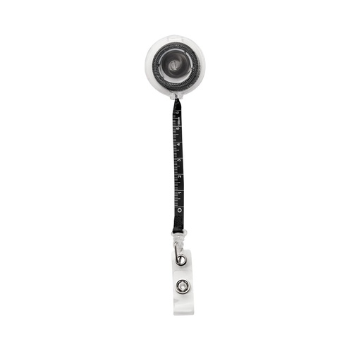 Identificador retráctil promocional de plástico con clip sujetador y cinta métrica de 100 cm – BT-ARO-0048