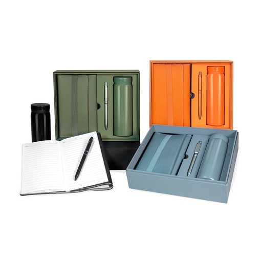 Set promocional de acero inoxidable y curpiel con termo de 300 ml y libreta de 70 hojas – BT-ARO-0056