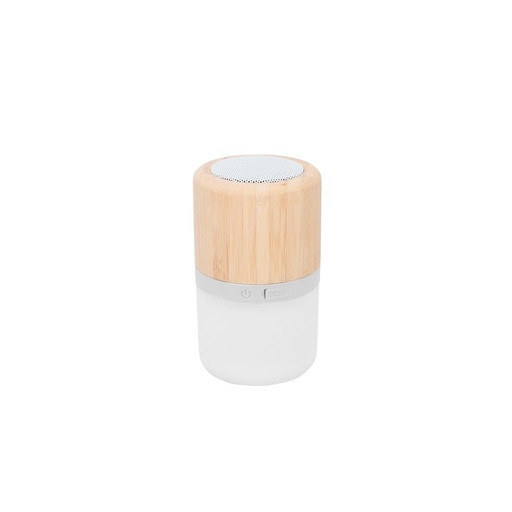 [BT-AUD-0015] Bocina promocional de plástico y bambú con luz LED de 3 niveles – BT-AUD-0015