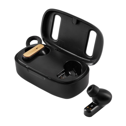 [BT-AUD-0022] Audífonos promocionales de plástico y bambú reciclados con Bluetooth y estuche recargable – BT-AUD-0022