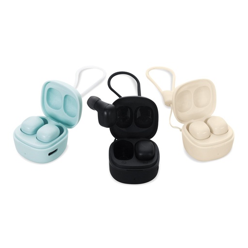 Audífonos promocionales de plástico con Bluetooth y estuche compacto con asa de silicón – BT-AUD-0026