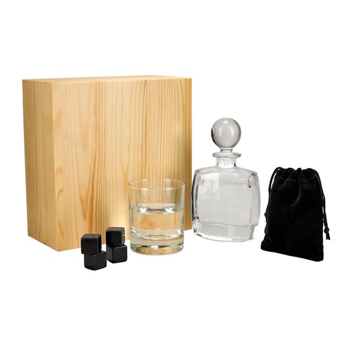 Set promocional para licores de vidrio, madera y piedra con licorera y enfriadores