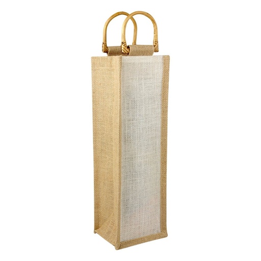 [BT-BAR-0004] Bolsa para botella de vino promocional de yute con asas de madera e interior plastificado – BT-BAR-0004