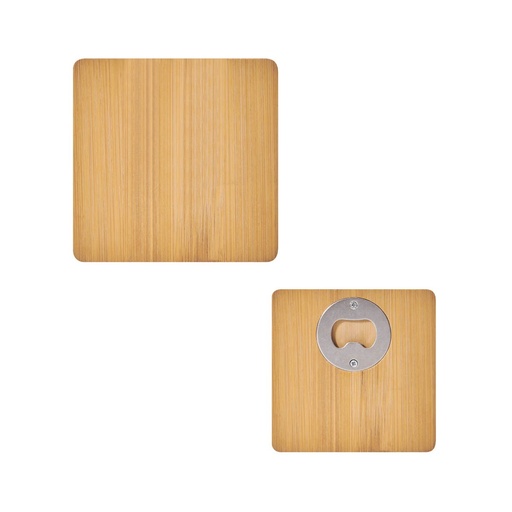 [BT-BAR-0018] Posavasos promocional de bambú 9 x 9 cm con destapador integrado – BT-BAR-0018