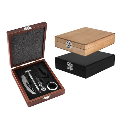 Set para vinos promocional de madera y metal con cerrojo tipo hebilla – BT-BAR-0002