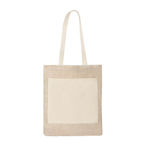 [BT-BOL-0022] Bolsa promocional de yute y algodón con asas y bolsillo frontal – BT-BOL-0022