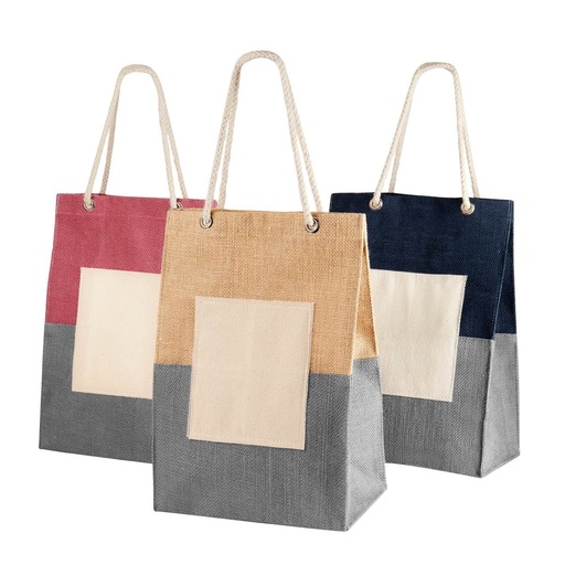 Bolsa promocional de yute con asas de cordón de algodón y parche frontal – BT-BOL-0063