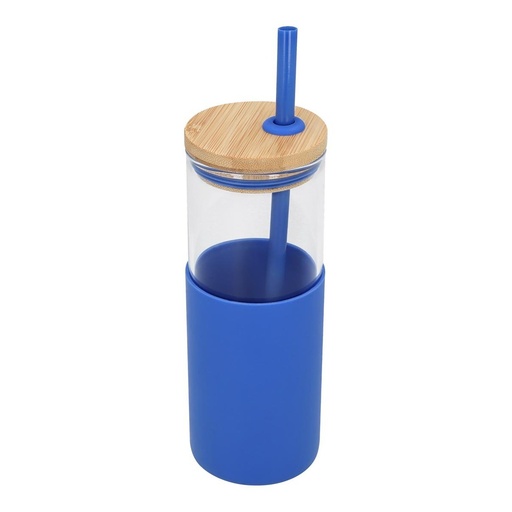 Cilindro promocional de vidrio de 500 ml con manga de silicón removible y tapa de bambú – BT-CIV-0005
