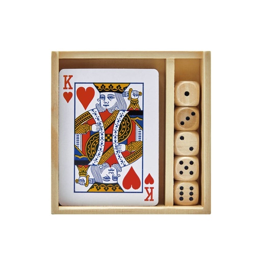 [BT-ENT-0016] Set de mesa promocional de madera de pino con baraja y dados – BT-ENT-0016