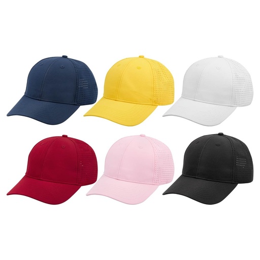 Gorra promocional de poliéster de 6 gajos con broche de velcro y ojillos forrados – BT-GOS-0006