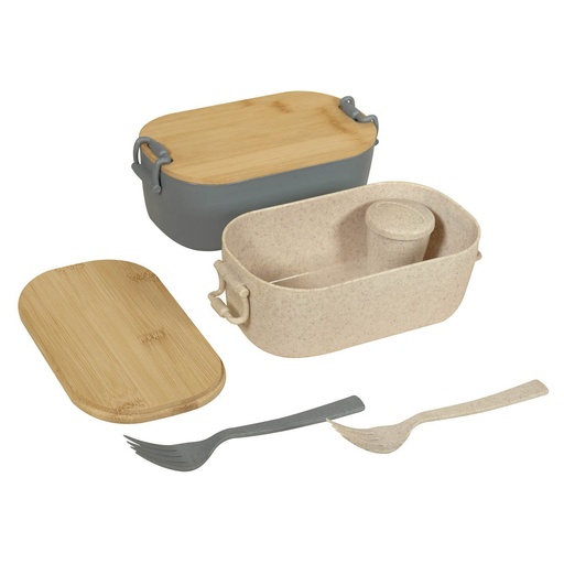 Lonchera promocional de plástico y bambú 1 L con compartimento para salsas y broches de cierre – BT-HIL-0016