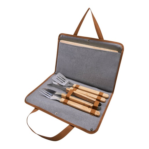 Set promocional de utensilios para asar de acero inoxidable y madera con tabla y estuche
