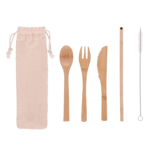 [BT-HOG-0021] Set de utensilios promocional de bambú y acero inoxidable 6.7 x 21 cm con bolsa de algodón – BT-HOG-0021