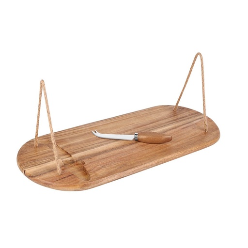 [BT-HOG-0052] Tabla para quesos promocional de madera de acacia y metal 44.5 x 19 cm con asas y cuchillo incluido – BT-HOG-0052