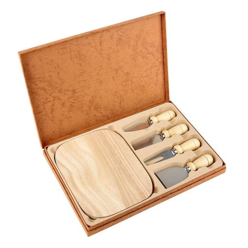 [BT-HOG-0054] Set para quesos promocional de madera de caucho y metal 31 x 21.5 cm con tabla y estuche – BT-HOG-0054