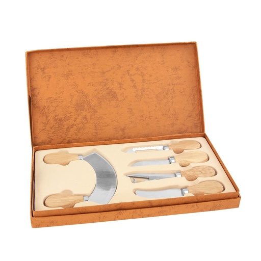 [BT-HOG-0055] Set de cuchillos para quesos promocional de madera de caucho y metal 29 x 16 cm con 5 piezas – BT-HOG-0055