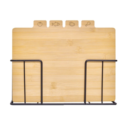 [BT-HOG-0063] Set de bases para cortar promocional de bambú y metal 29 x 23 x 7 cm con soporte metálico – BT-HOG-0063
