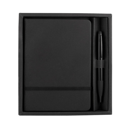 [BT-LIB-0028] Set promocional de libreta y bolígrafo de curpiel y aluminio 12.4 x 17.6 cm con elástico de cierre – BT-LIB-0028