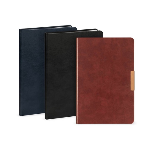 Libreta promocional de curpiel 14.8 x 21.6 cm con clip metálico y acabado rose gold – BT-LIB-0030