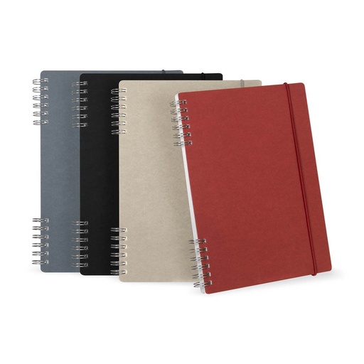 Libreta promocional ecológica de cartón 14.7 x 20.5 cm con espiral dividido y elástico de cierre – BT-LIB-0036