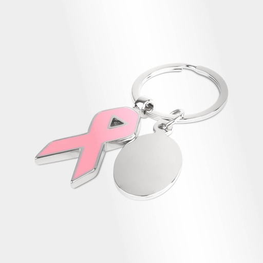 [BT-LLM-0050] Llavero promocional de metal con diseño de listón rosa y placa grabable – BT-LLM-0050