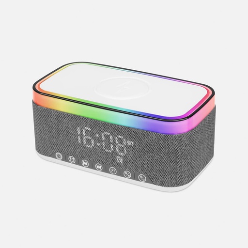 [BT-REL-0007] Reloj despertador promocional de plástico y poliéster con bocina Bluetooth y carga inalámbrica – BT-REL-0007