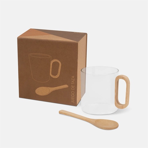 [BT-TAZ-0053] Taza promocional de vidrio borosilicato 400 ml con asa y cuchara de bambú – BT-TAZ-0053