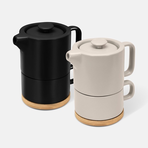 Juego de té promocional de cerámica con base de bambú y filtro de acero inoxidable – BT-TAZ-0045
