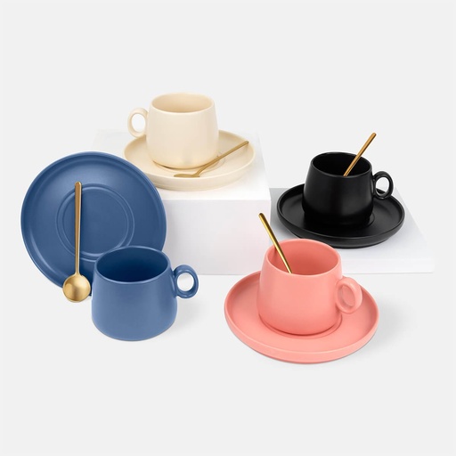 Set de taza promocional de cerámica 280 ml con plato y cuchara metálica – BT-TAZ-0055