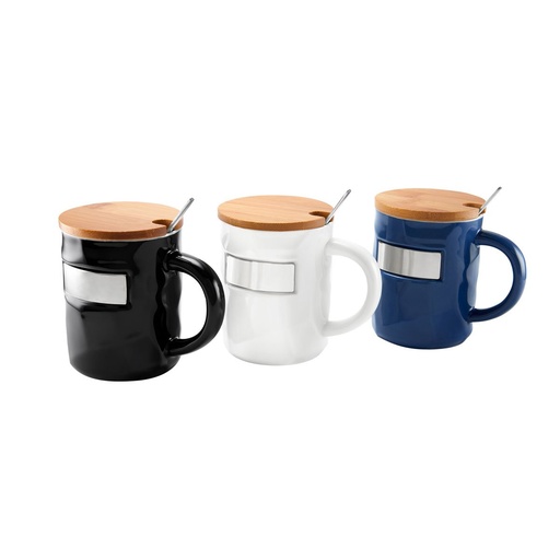 Taza promocional de cerámica 12 oz con tapa de bambú y placa metálica – BT-TAZ-0035