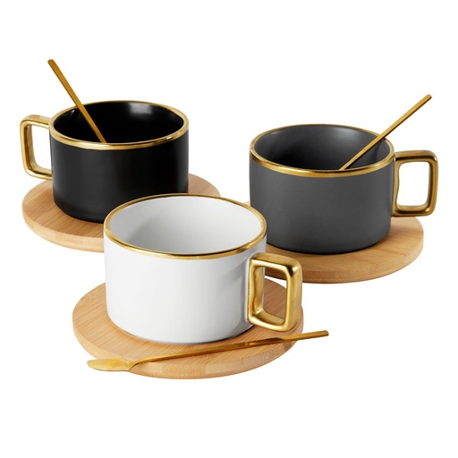 Taza promocional de cerámica 9 oz con base de bambú y detalle dorado – BT-TAZ-0037