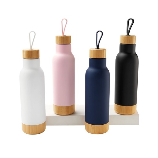 Termo promocional de acero inoxidable 630 ml con tapa y base de bambú – BT-TEM-0045