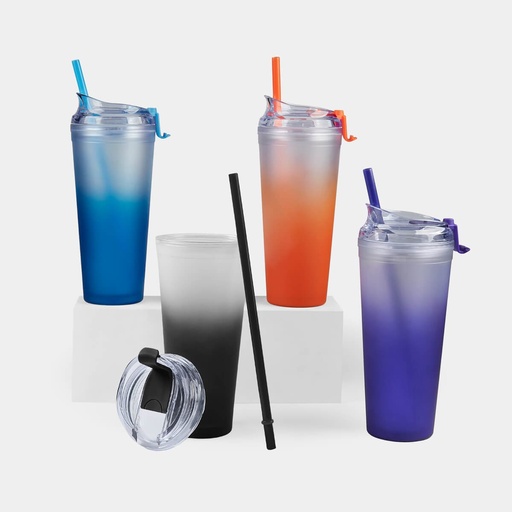 Vaso promocional de plástico 680 ml con sobretapa push y popote – BT-TEP-0039