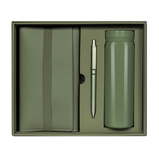 [BT-ARO-0067] Set promocional de acero inoxidable y curpiel 300 ml con bolígrafo push y libreta con elástico – BT-ARO-0067